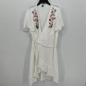 SHEIN Floral Embroidered Flutter Sleeve Ruffle Trim Tie Side Wrap Dress